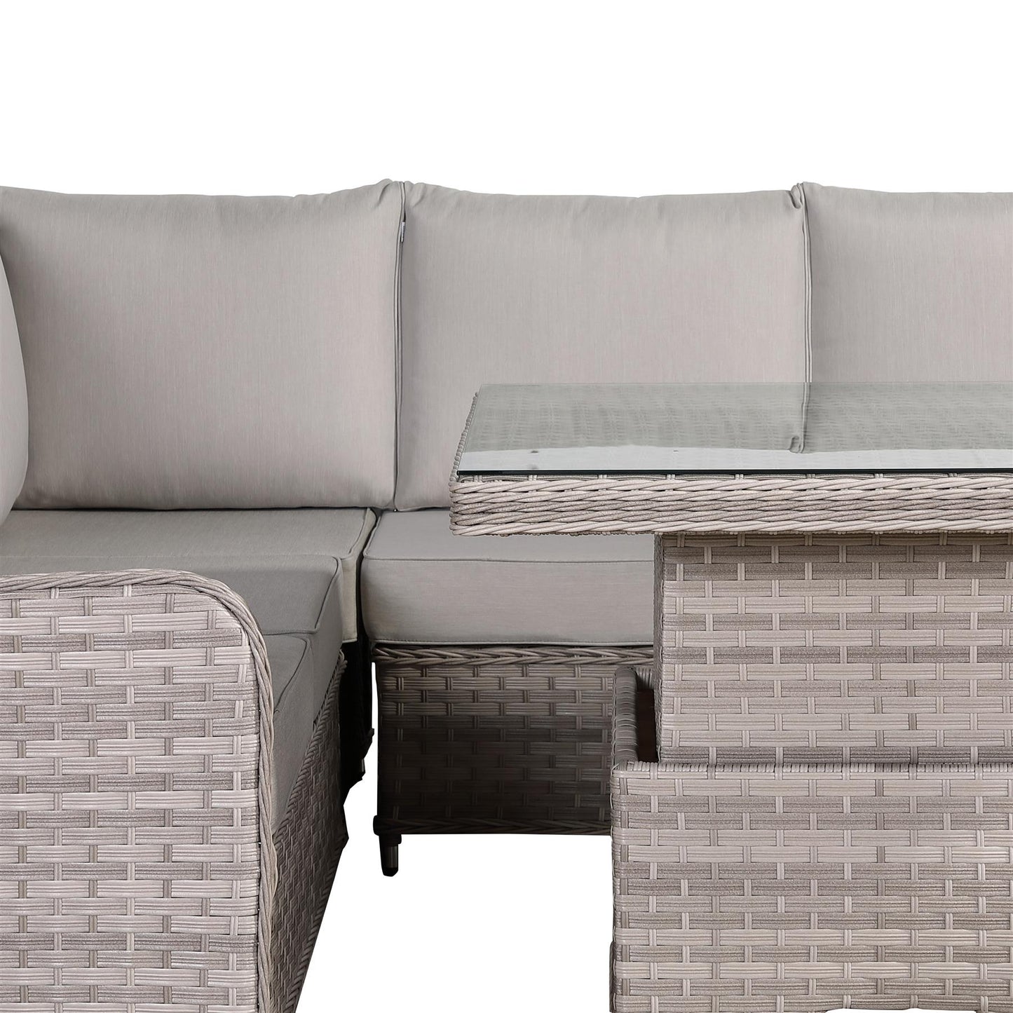 Grey Rattan Garden Corner Sofa Set with Rising Table & Cushions