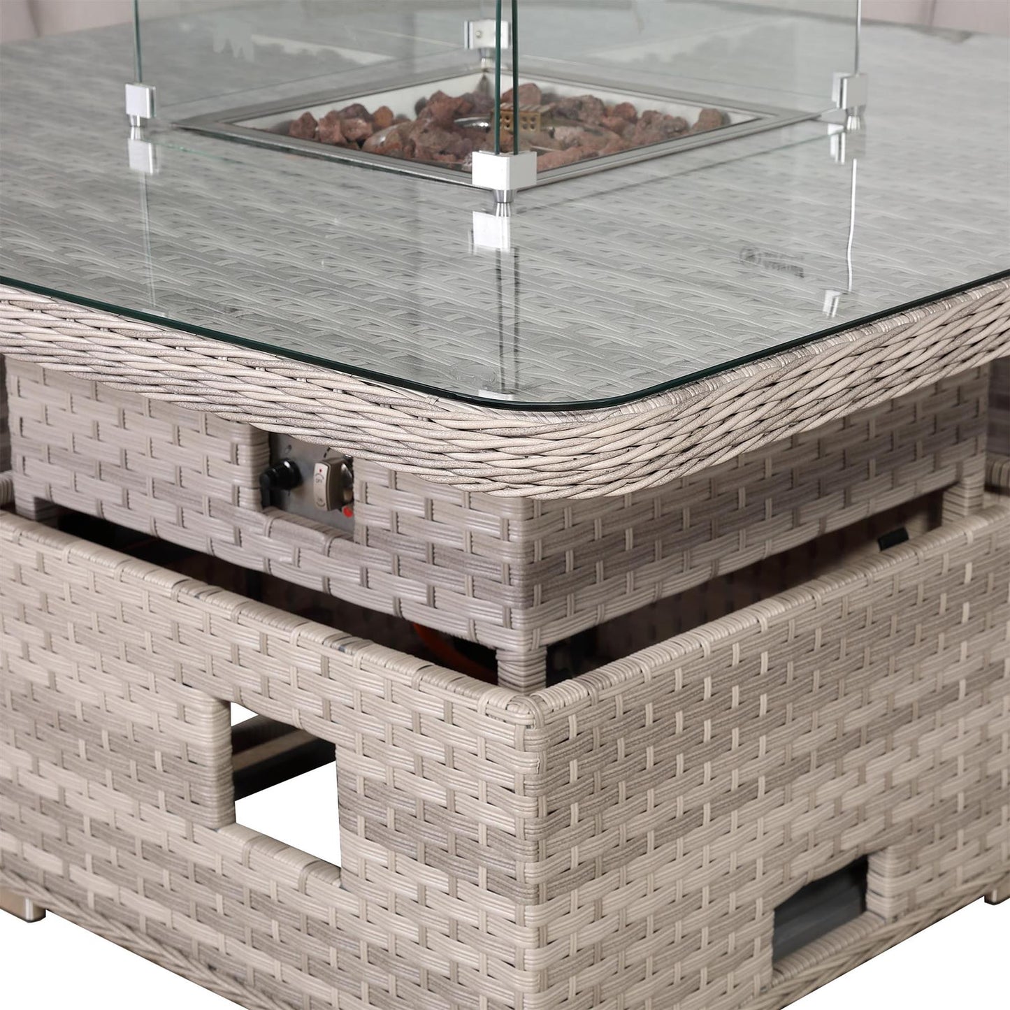 Rattan Garden Corner Sofa Set with Rising Fire Pit Table & Bench