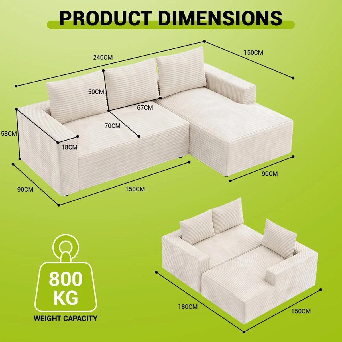Lilly L Shaped Cord Cloud Sofa Boneless Chaise Beige or Black