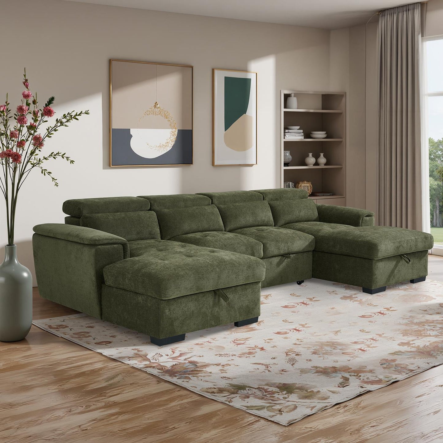 Large 4 5 Seater Fabric U Shaped Sofa Bed Tilting Headrest Storage