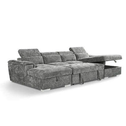 Alora 4–5 Seater Grey Fabric U-Shaped Sofa with Storage & Headrests