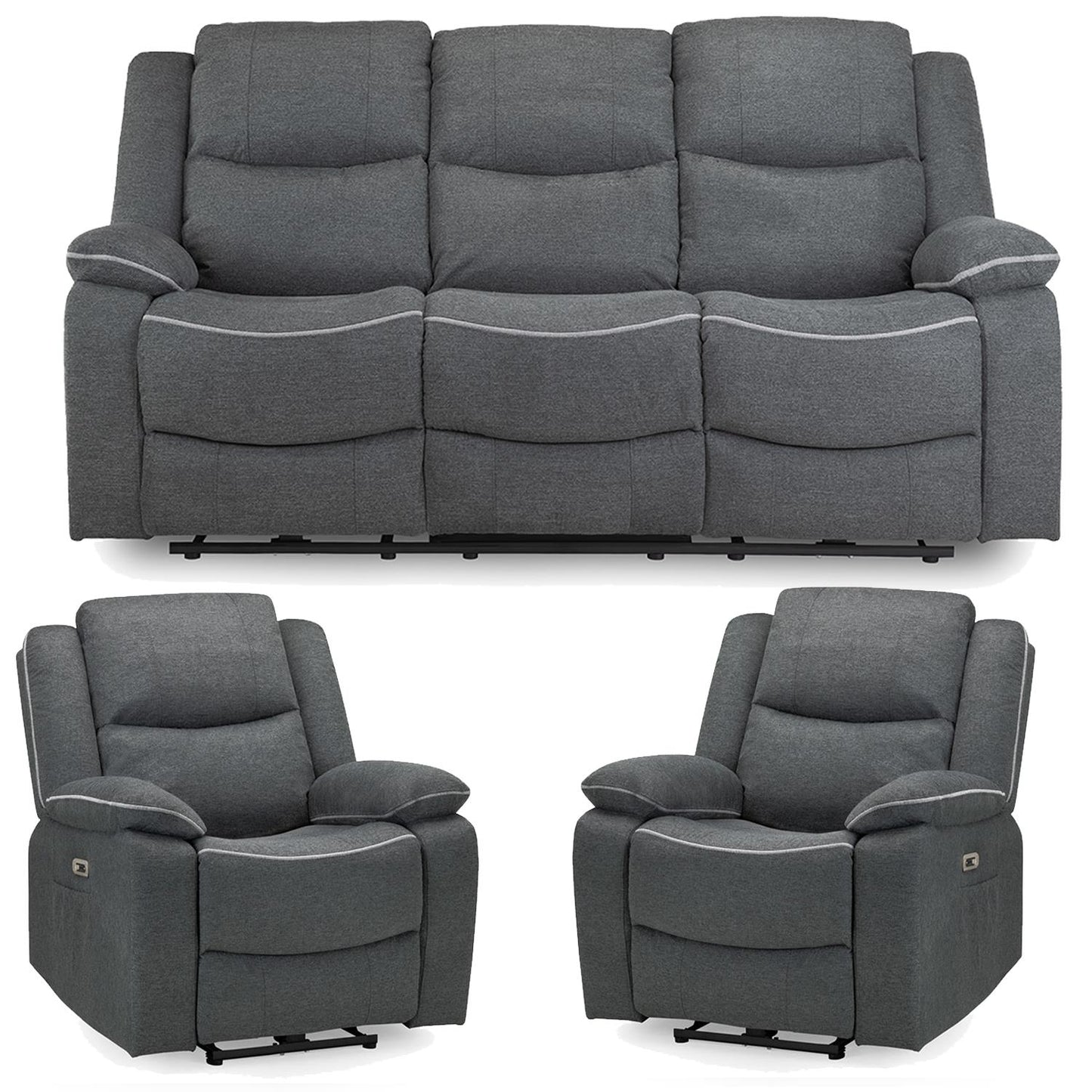 Harlow Graphite Grey Fabric 3 Piece Electric Reclining Suite 3 + 1 + 1