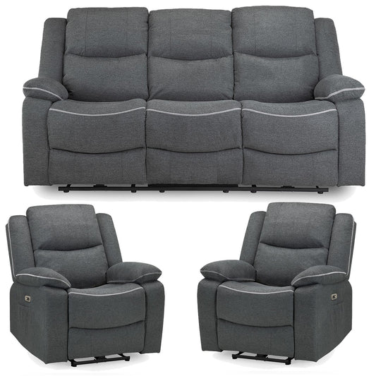 Harlow Graphite Grey Fabric 3 Piece Electric Reclining Suite 3 + 1 + 1