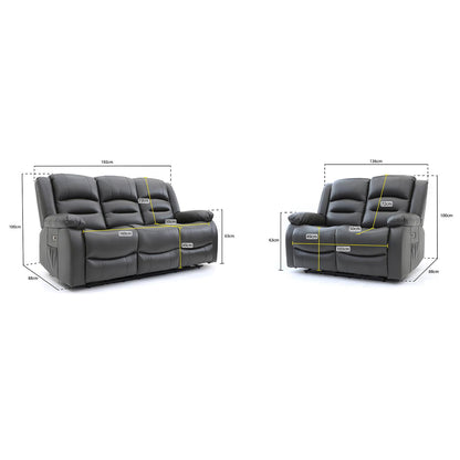 Arlo Black or Grey Leather Like Electric Reclining Sofa Suite 3 + 2 USB + Drinks Tray