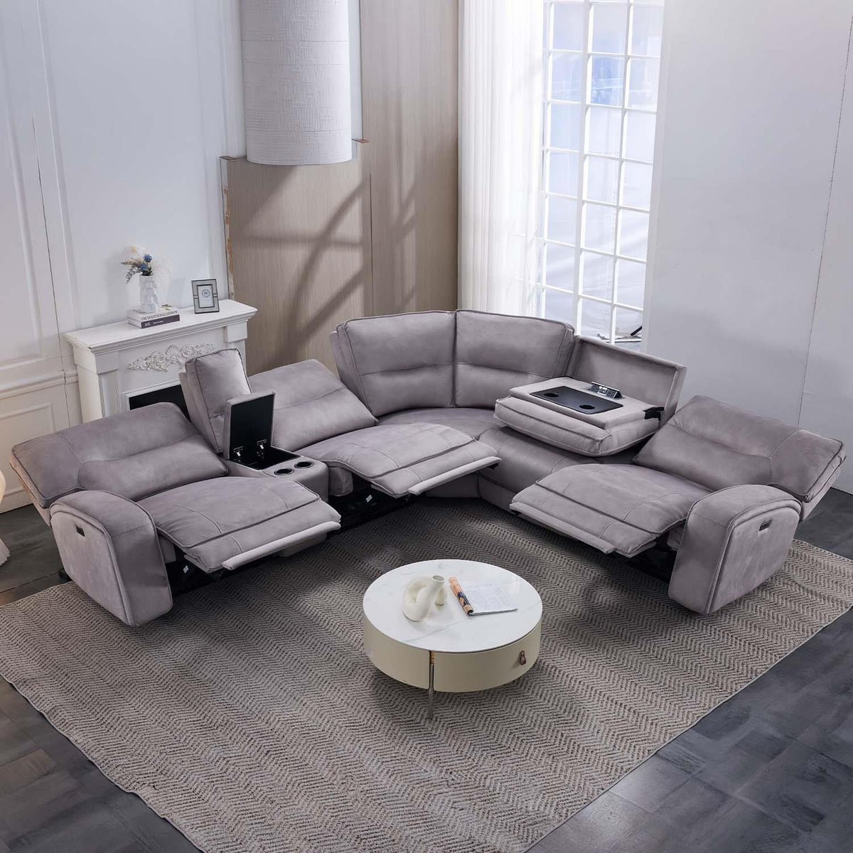 Caleb Power Electric Reclining Corner Sofa 5 Seater Aspen Latte USB