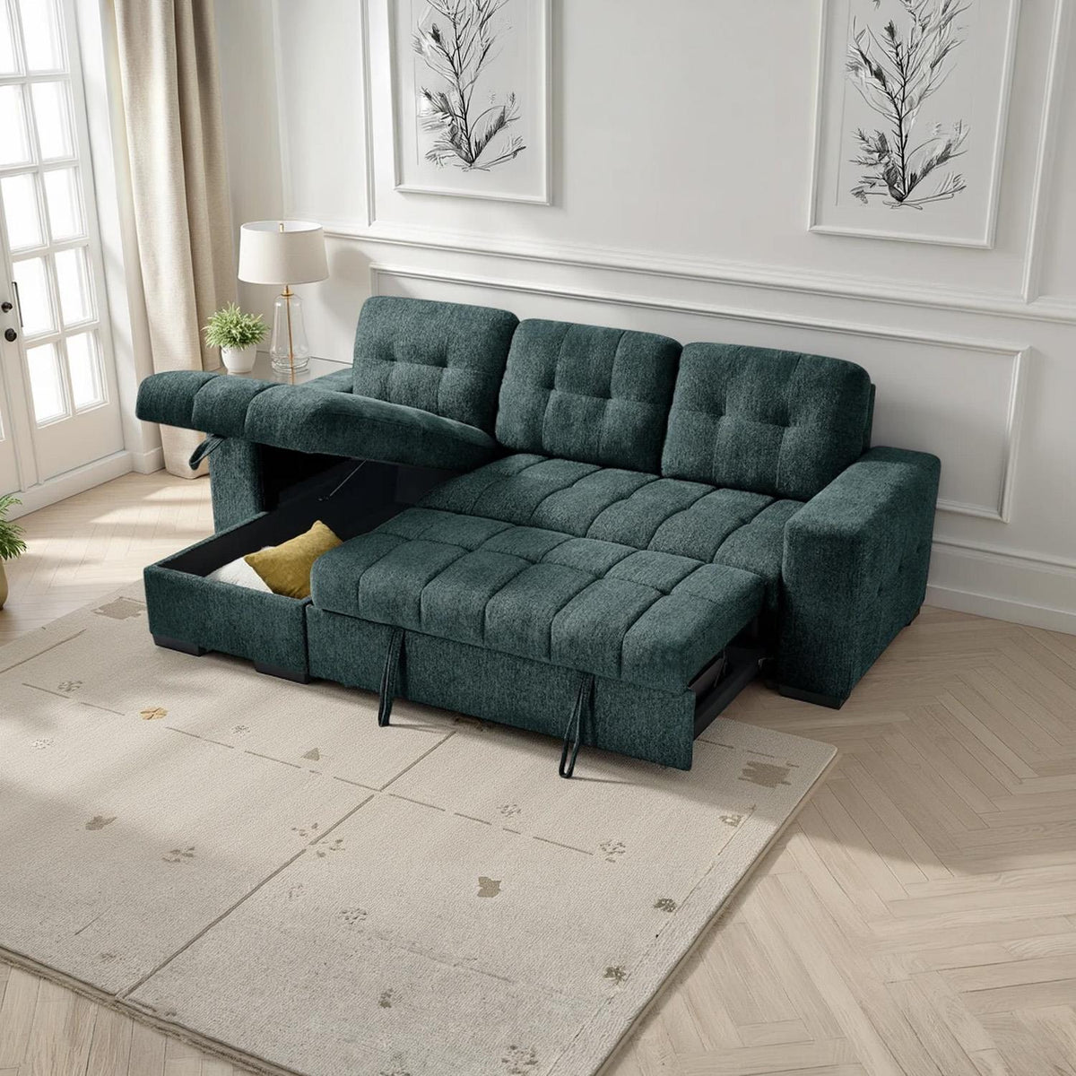 Luna 4 Seater Corner Sofa Bed Storage Chaise Beige Grey or Teal