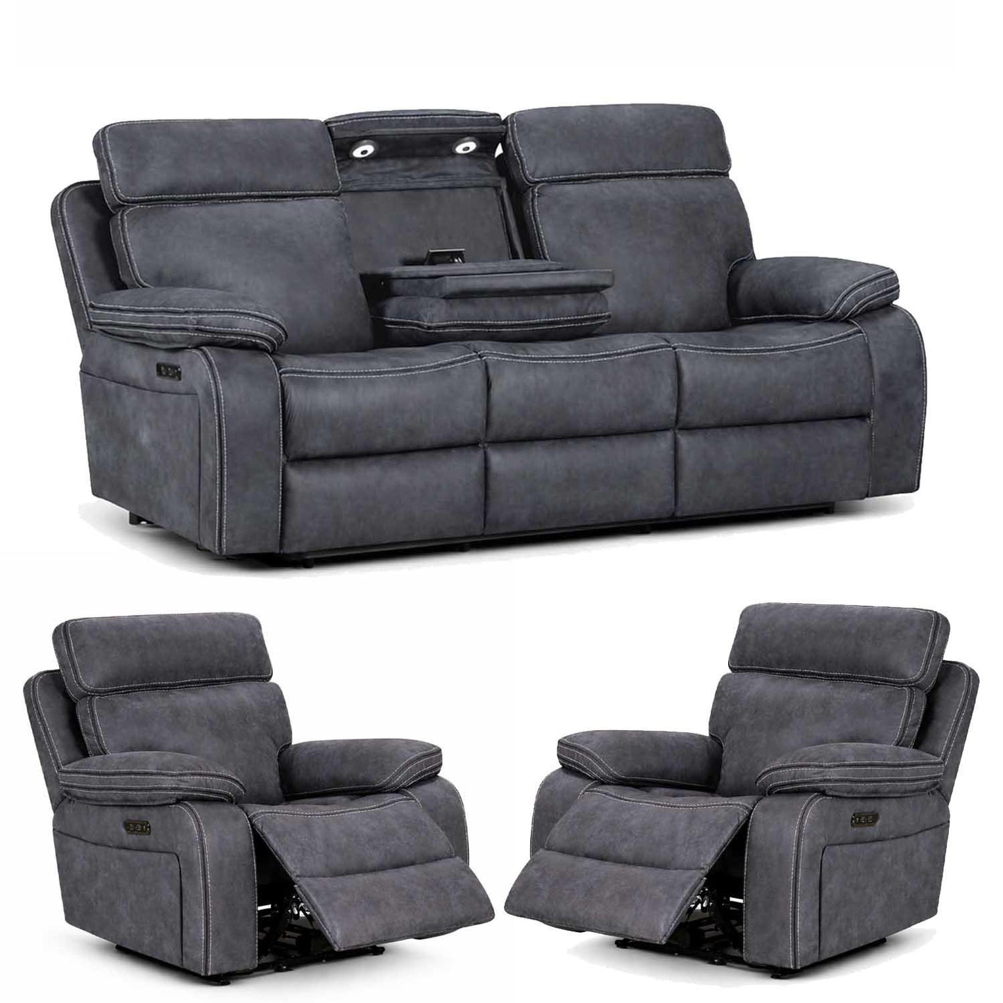 Tokyo LeatherAire Grey 3 + 1 + 1 Electric Recliner Sofas