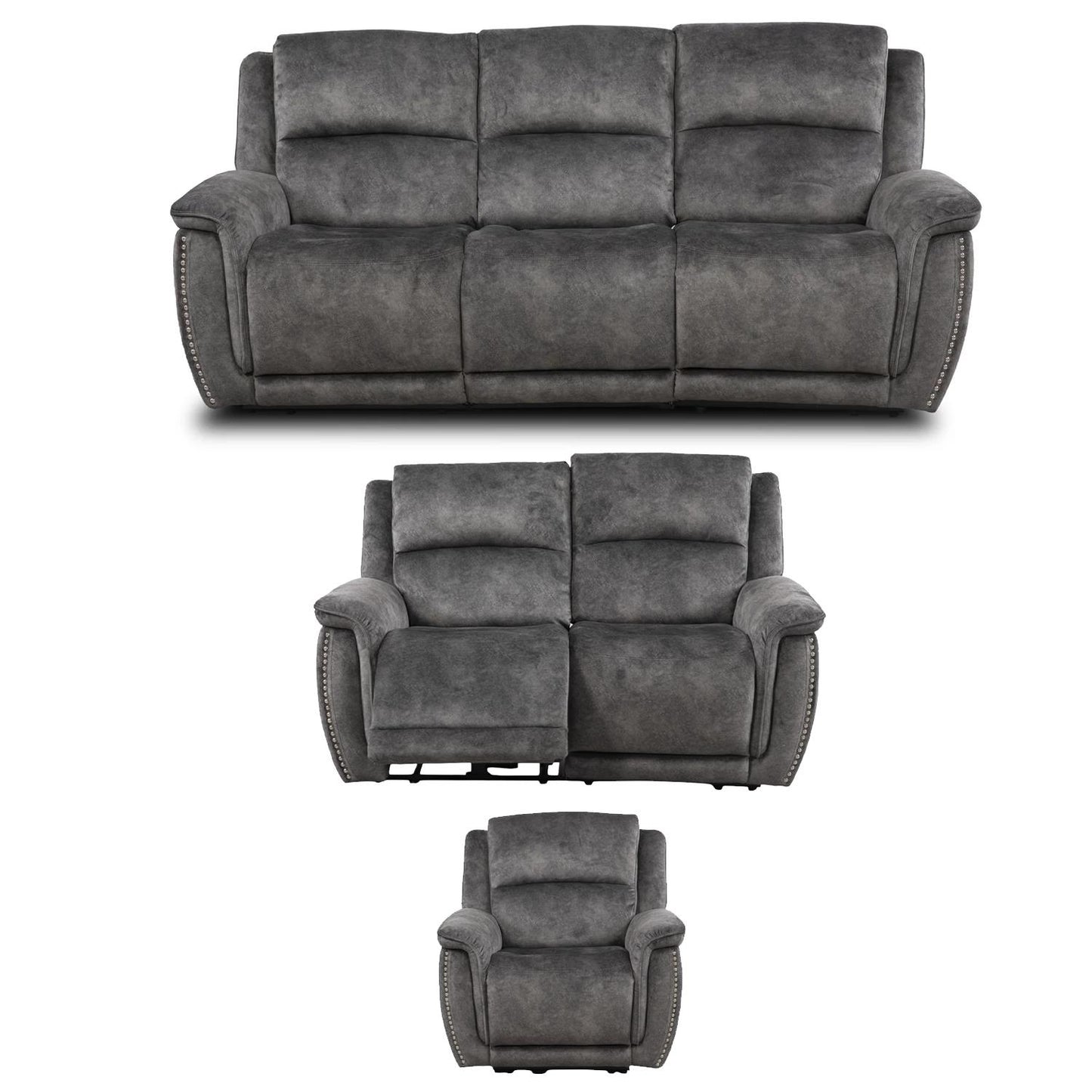 Mendoza Grey Plush Velvet Electric Reclining 3 Piece Sofa Suite 3 2 1
