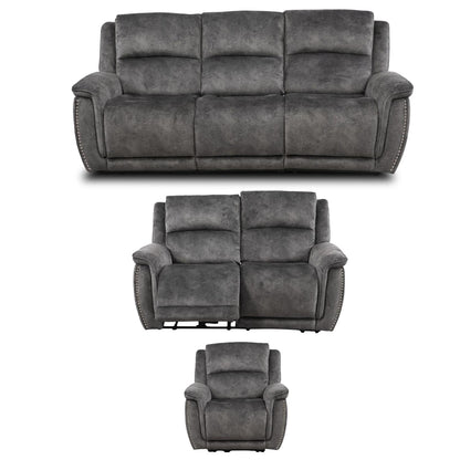 Mendoza Grey Plush Velvet Electric Reclining 3 Piece Sofa Suite 3 2 1