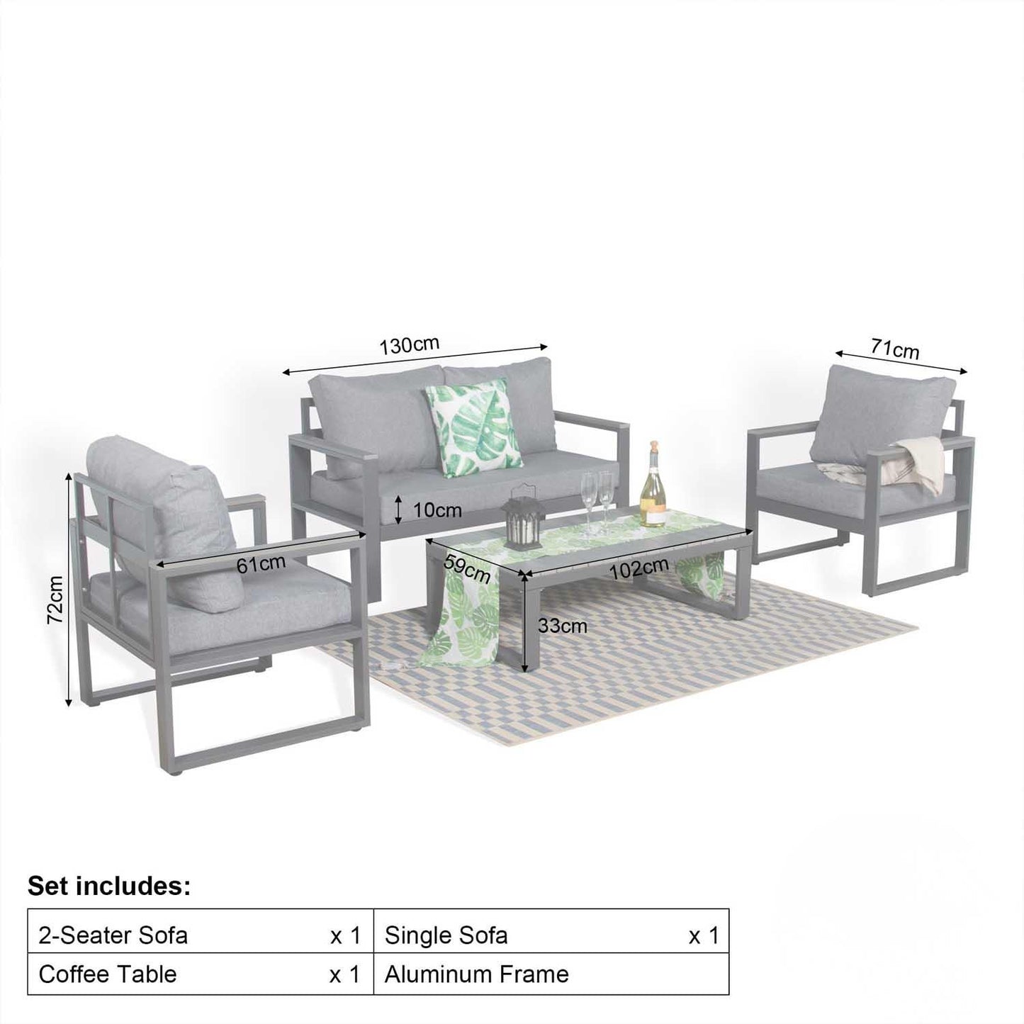 4 Seater Aluminium Garden Sofa Set with Coffee Table & Cushions