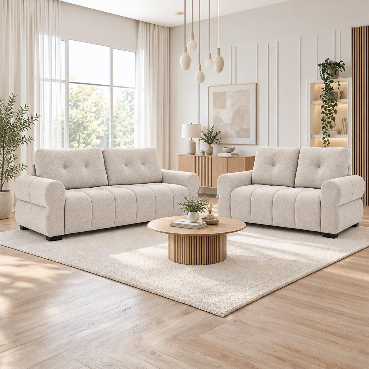 Sandford 3 2 Sofa Suite Fabric Set Rolled Arms Beige or Grey
