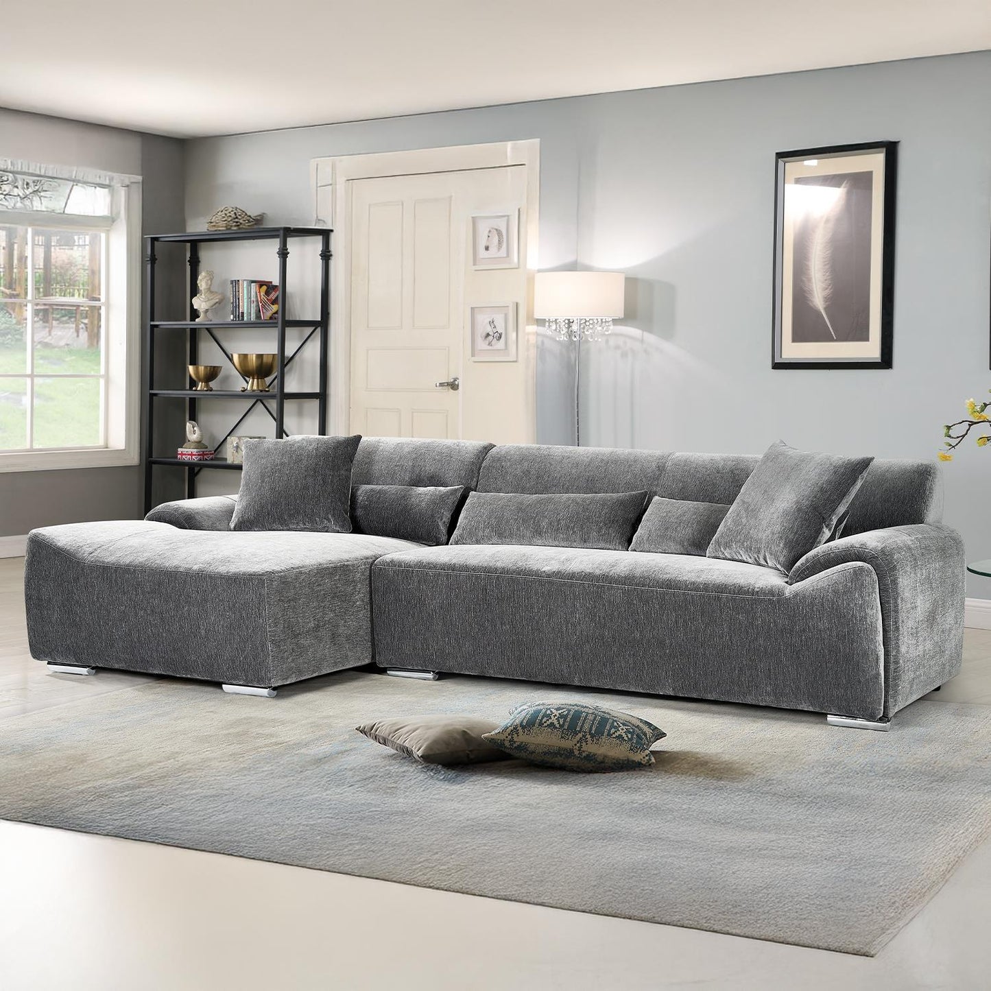 Monza L Shaped Chenille Fabric Beige Grey 4 Seater Corner Sofa LH