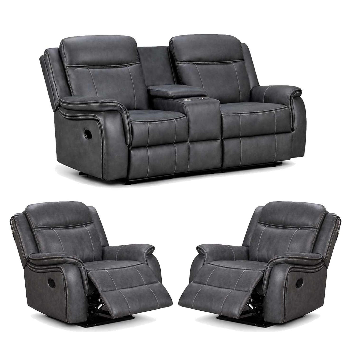 Tara Reclining 3 Piece Sofa Suite Grey Leather Look Fabric 2 + 1 + 1