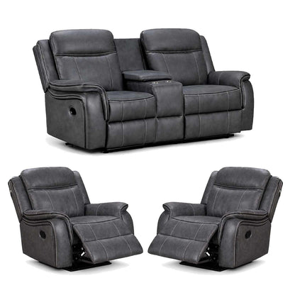 Tara Reclining 3 Piece Sofa Suite Grey Leather Look Fabric 2 + 1 + 1