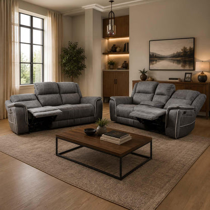 Anna Grey Fabric Electric Reclining Sofa Suite USB Charging Cup Holder