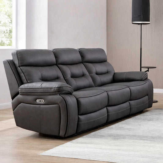 Renzo Grey Electric Recliner 3 Seater Sofa with USB Ports