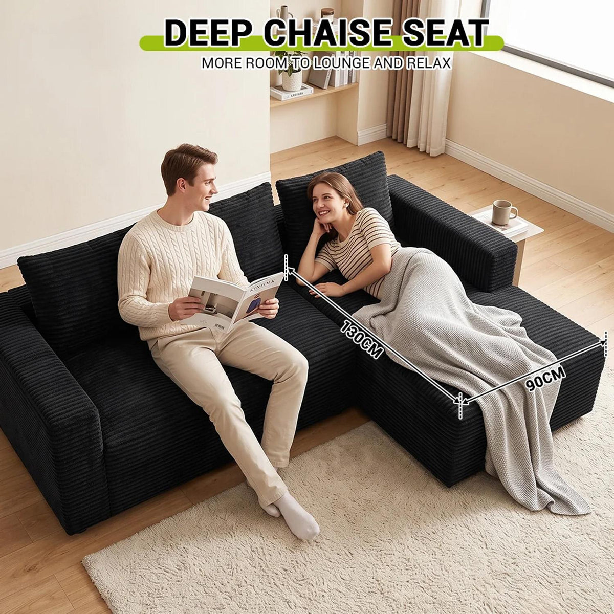 Lilly L Shaped Cord Cloud Sofa Boneless Chaise Beige or Black