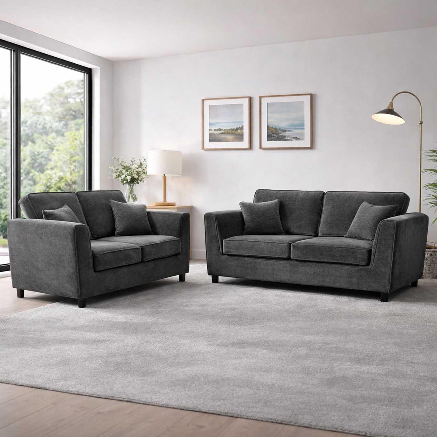 Ascot 3 + 2 Seater Sofa Set Chenille Fabric Beige Charcoal