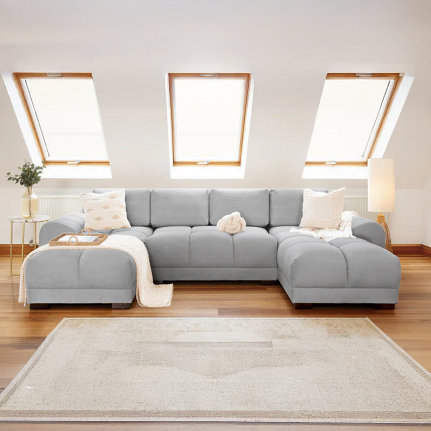 Zura Plush Velvet Large U Shaped 4 - 5 Seater Sofa  | Cream, Grey or Mocha