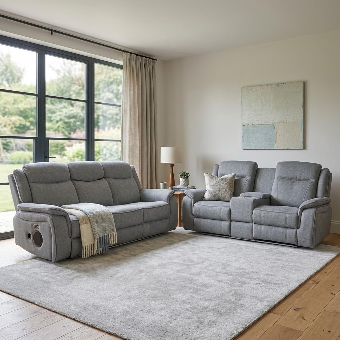 Milano Grey Fabric Electric Reclining Sofa Suite USB Cup Holder