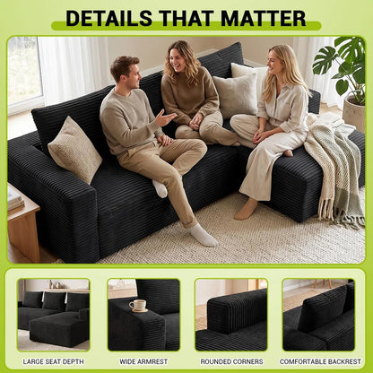 Lilly L Shaped Cord Cloud Sofa Boneless Chaise Beige or Black