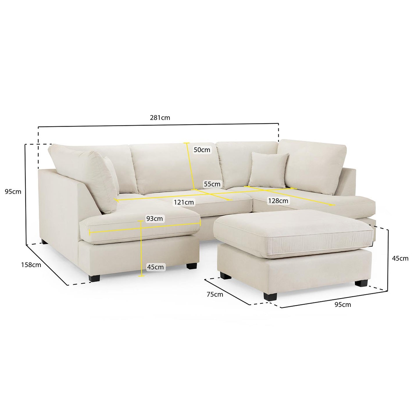 California Classic Fabric Beige, Black or Grey U shaped 6 Seater Sofa