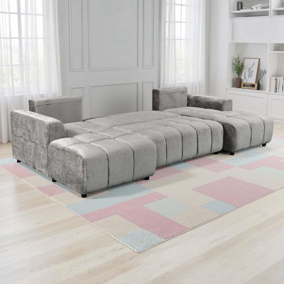Stanford U Shaped Plush Velvet Sofa Bed Storage Beige Green or Grey