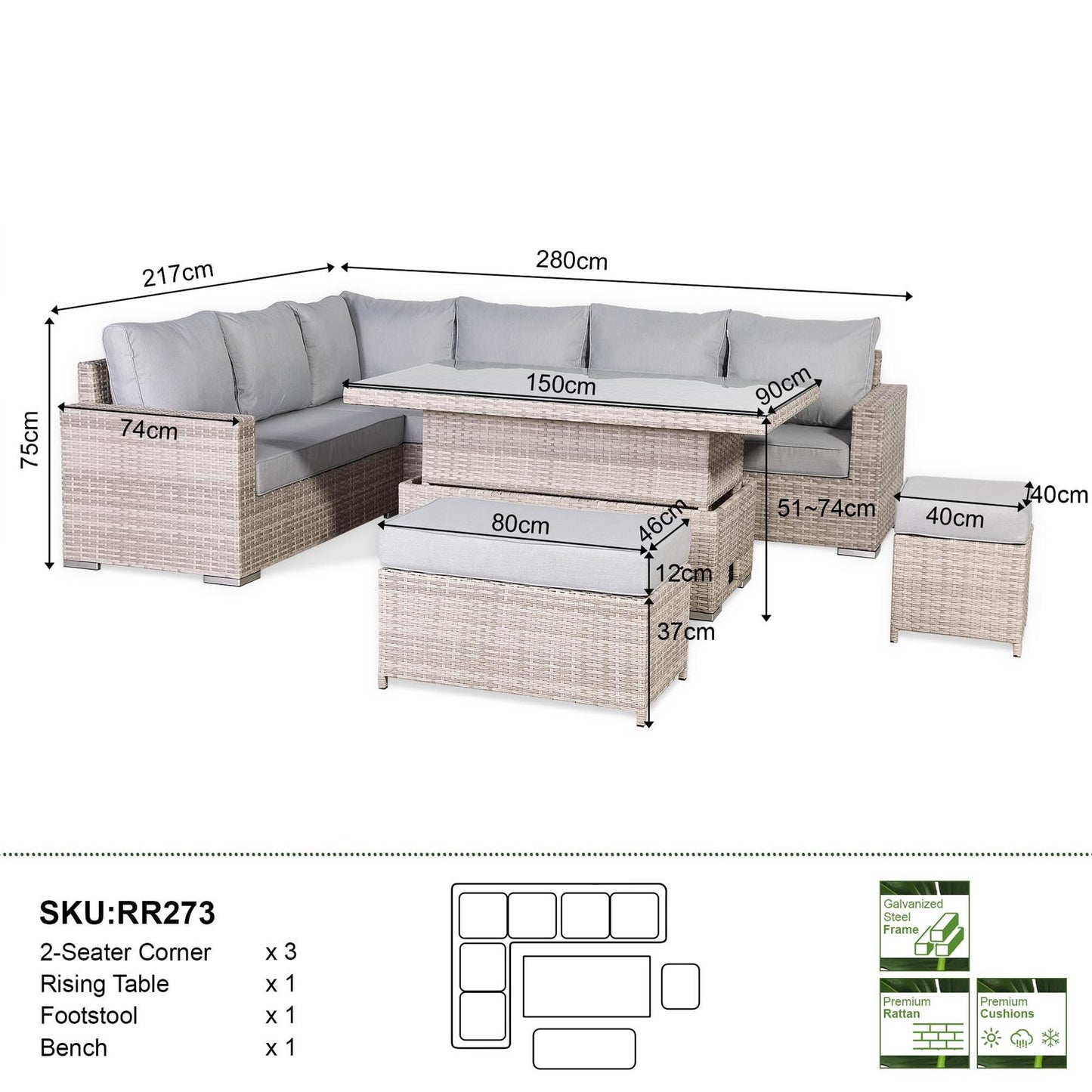 Rattan Corner Garden Sofa Set with Rising Table